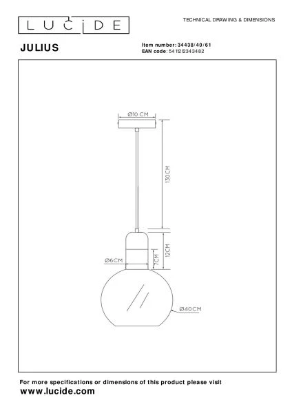 Lucide JULIUS - Lámpara colgante - Ø 40 cm - 1xE27 - Ópalo - técnico
